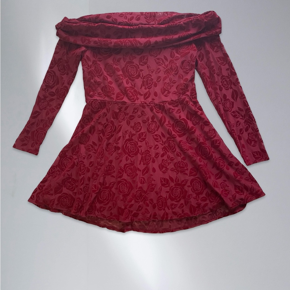 Wild fable long sleeve Flocked mini fit and flare red Off-Shoulder Dress 1X